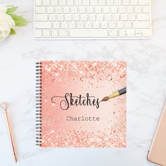 Schetsboek oranje roos goudglitter naam verf notitieboek