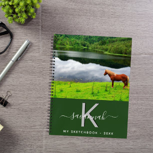 Schetsboek paard foto groen monogram notitieboek