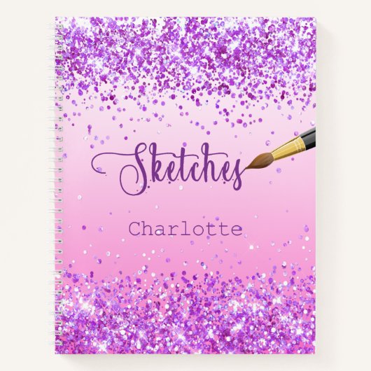 Schetsboek paarse roze confetti naam verf notitieboek (Voorkant)