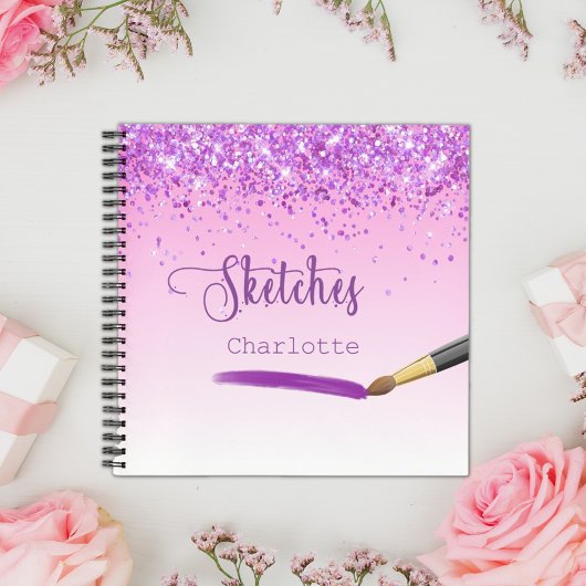 Schetsboek paarse roze glitter naam verf notitieboek