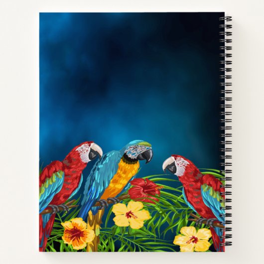 Schetsboek papegaaien vogels blauwe bloemen notitieboek