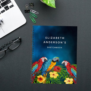Schetsboek papegaaien vogels blauwe bloemen notitieboek