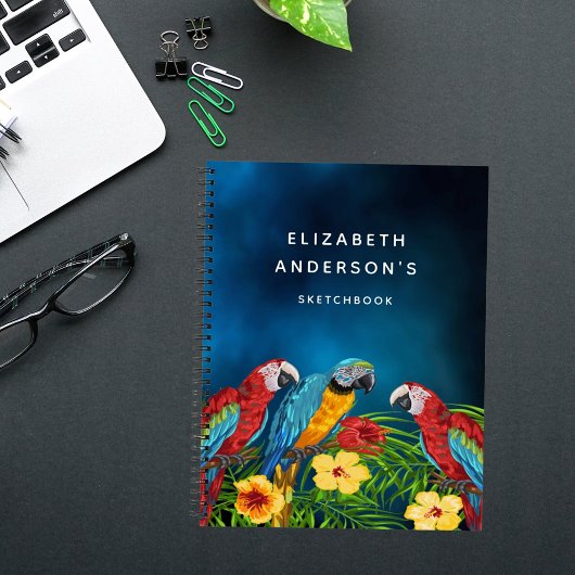 Schetsboek papegaaien vogels blauwe bloemen notitieboek
