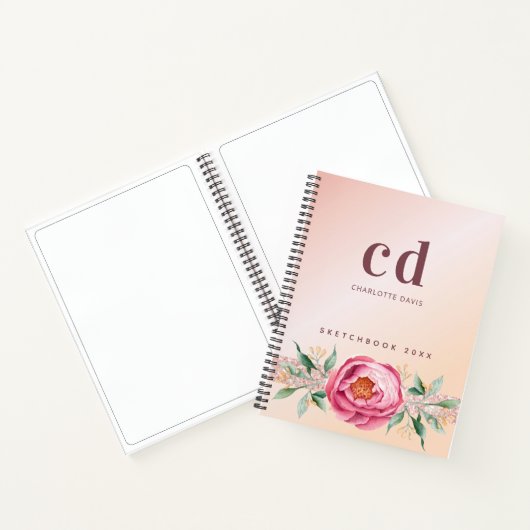 Schetsboek roos gouden roze bloemmonogram notitieboek (Binnen)