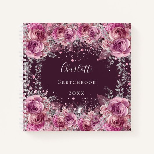 Schetsboek roze bordeaux bloemen glitter notitieboek (Voorkant)