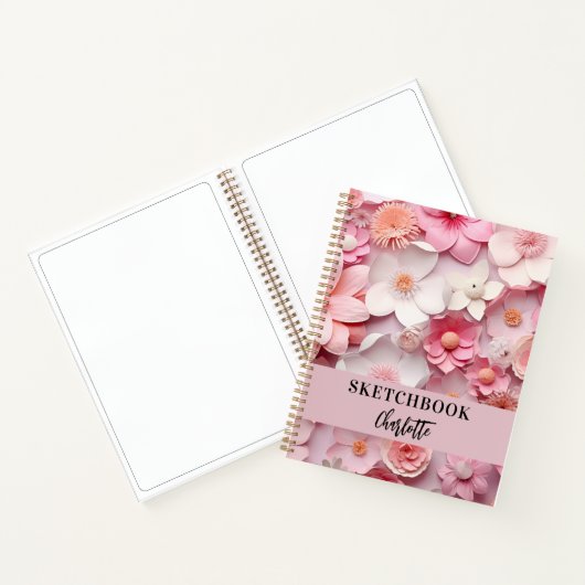Schetsboek Roze witte bloemen naam script Notitieboek (Binnen)