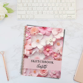 Schetsboek Roze witte bloemen naam script Notitieboek