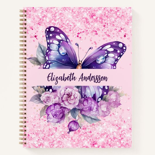 Schetsboek vlinder roze paarse bloemen notitieboek (Voorkant)