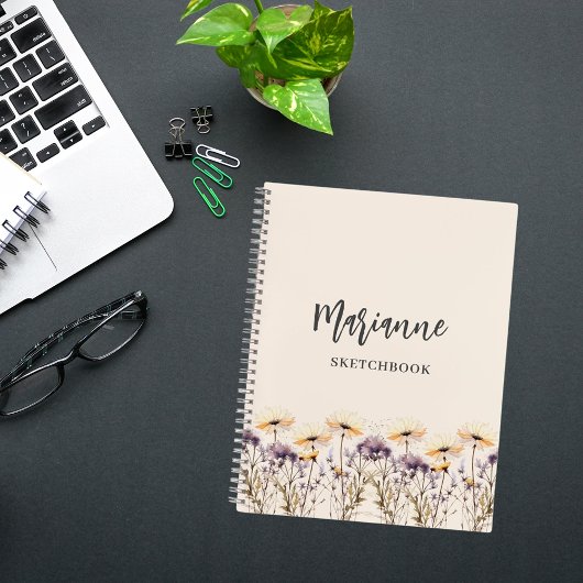 Schetsboek wildflower beige geel naamschrift notitieboek