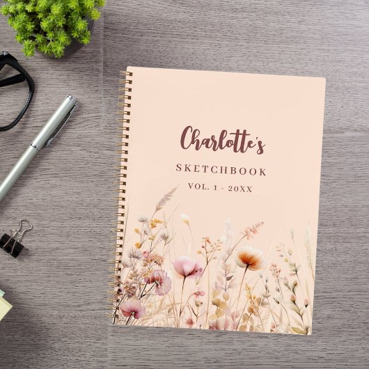 Schetsboek wildflower roze perzik naam script notitieboek