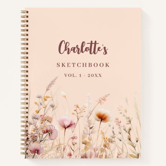 Schetsboek wildflower roze perzik naam script notitieboek (Voorkant)