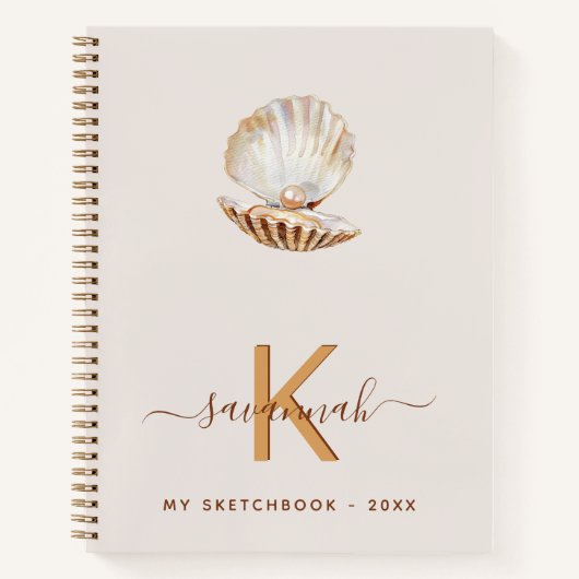 Schetsboek zee shell parel beige monogram notitieboek (Voorkant)
