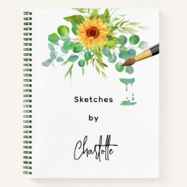Schetsboek zonnebloemen eucalyptus naam script notitieboek