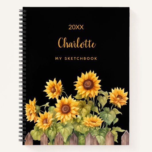 Schetsboek zonnebloemen zwart bloemenrustiek notitieboek (Voorkant)