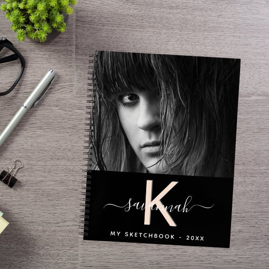 Schetsboek zwart perzik foto monogram notitieboek