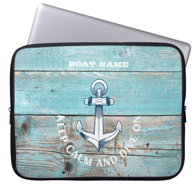 Schetsbootnaam Anker Rustiek Hout Laptop Sleeve (Voorkant)