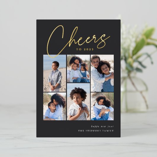 Schetsen Cursief 6 Foto Collage Nieuwjaar Folie Feestdagenkaart (Staand Voorkant)