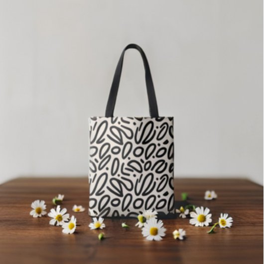 Schetsmatig Zwart Doodle Patroon op Beige Tote Bag