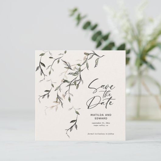 Schetst blad botanische bladeren moderne bruiloft save the date (Staand voorkant)