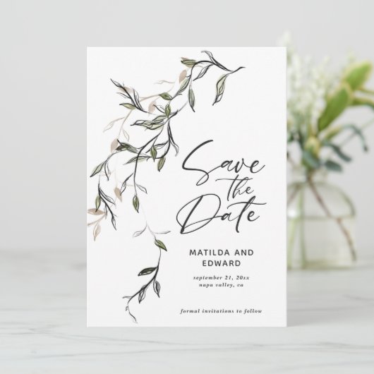 Schetst blad botanische bladeren moderne bruiloft save the date (Staand voorkant)