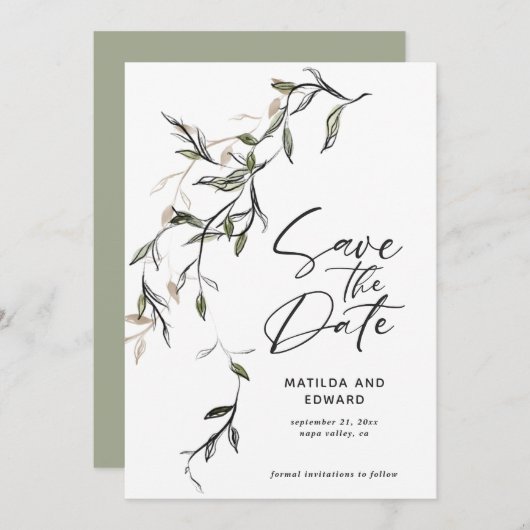 Schetst blad botanische bladeren moderne bruiloft save the date (Voorkant / Achterkant)