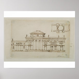 Schetst ontwerp voor een gebouw met een hoge binne poster