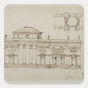 Schetst ontwerp voor een gebouw met een hoge pet ( vierkante sticker