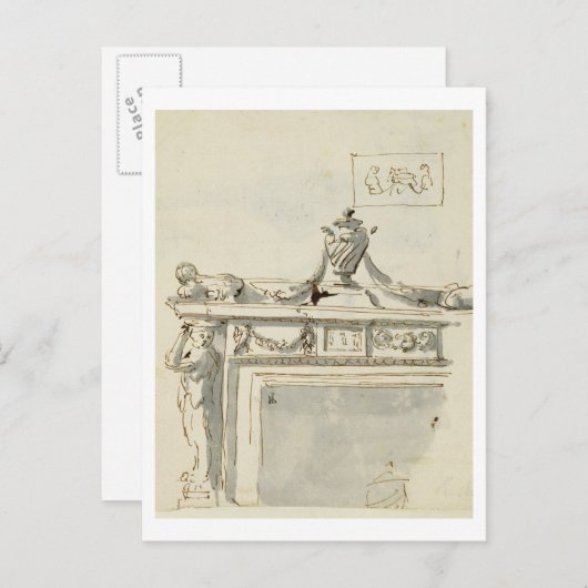 Schetst ontwerp voor een haard (pen en inkt en was briefkaart (Voorkant / Achterkant)