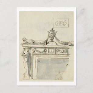 Schetst ontwerp voor een haard (pen en inkt en was briefkaart