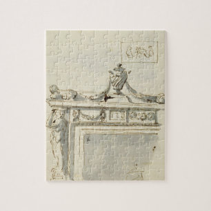 Schetst ontwerp voor een haard (pen en inkt en was legpuzzel