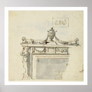 Schetst ontwerp voor een haard (pen en inkt en was poster