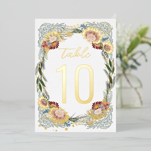 Schetste Bloemen Boho Gouden Folie Tafelnummers (Staand Voorkant)