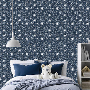 Schetste Bloemen Omtrek Patroon WHT/Navy ID939 Behang