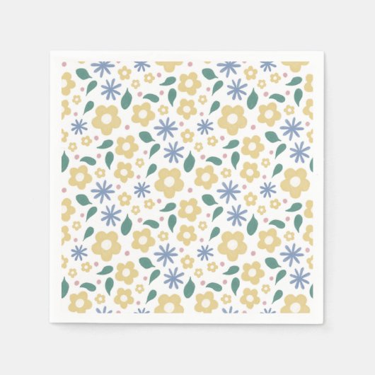 Schetste gele en blauwe bloemen cocktail servet (Voorkant)