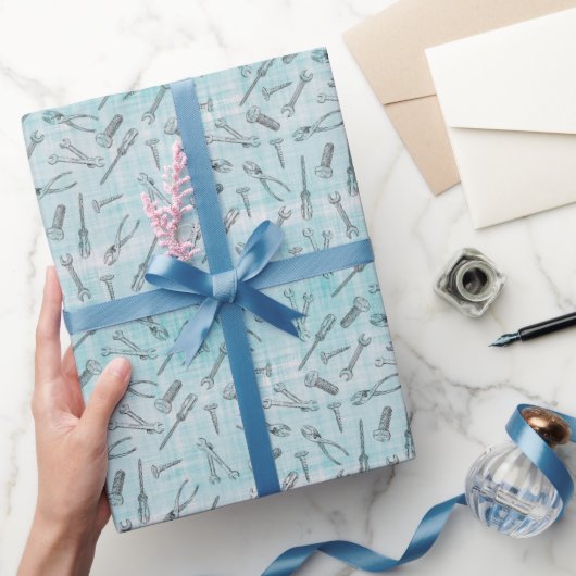 Schetste Gereedschappen op Blauw & Wit Linnen Cadeaupapier (Geschenken)