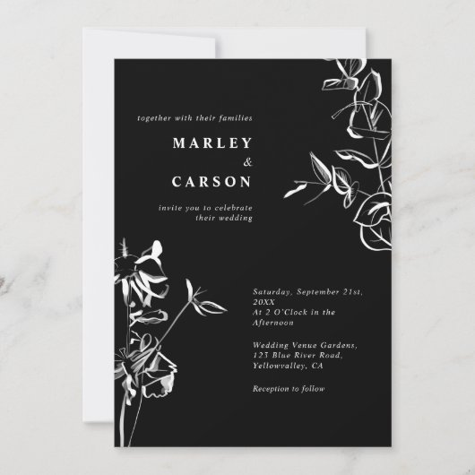 Schetste Hand Getrokken Bloemen Slanke Zwarte Huwe Kaart (Voorkant)