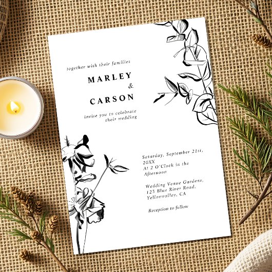 Schetste Hand Getrokken Bloemen Zwart Wit Huwelijk Kaart