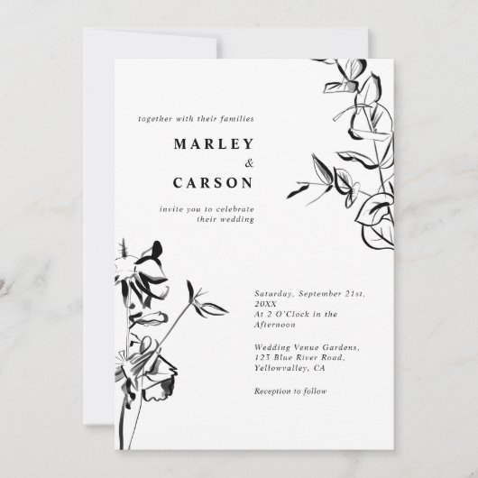 Schetste Hand Getrokken Bloemen Zwart Wit Huwelijk Kaart (Voorkant)