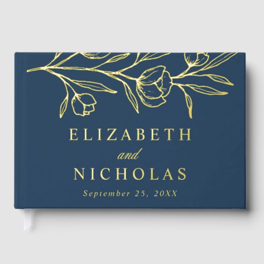 Schetste Marine en Gouden Folie Bloemen Fotobruilo Gastenboek (Voorkant)