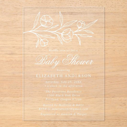 Schetste witte bloem Baby shower Acryl Uitnodigingen (Voorkant)