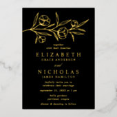 Schetste zwart en goud bloemenbruiloft folie uitnodiging (Voorkant)