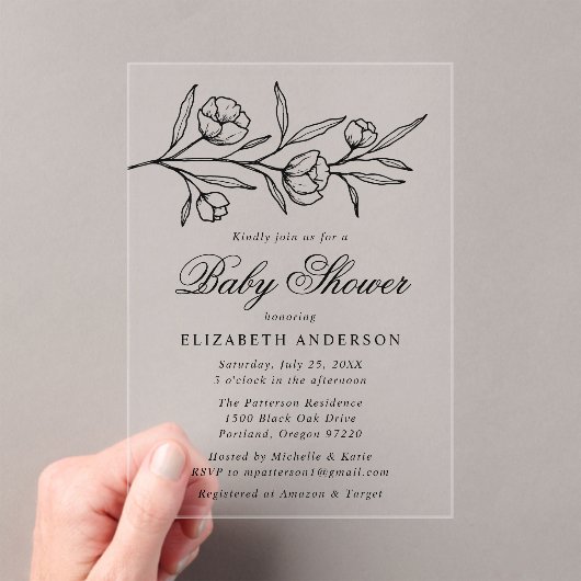 Schetste zwarte bloem Baby shower Acryl Uitnodigingen (Insitu (Draagbaar))