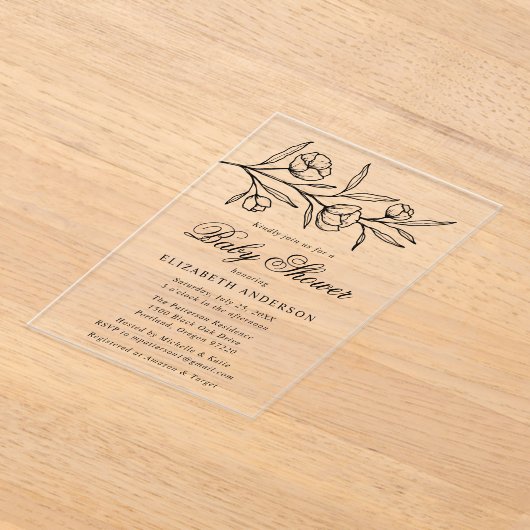 Schetste zwarte bloem Baby shower Acryl Uitnodigingen (Laagn)