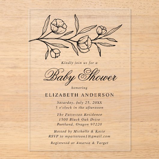 Schetste zwarte bloem Baby shower Acryl Uitnodigingen (Voorkant)