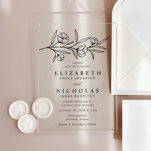 Schetste zwarte bloemen bruiloft acryl uitnodigingen