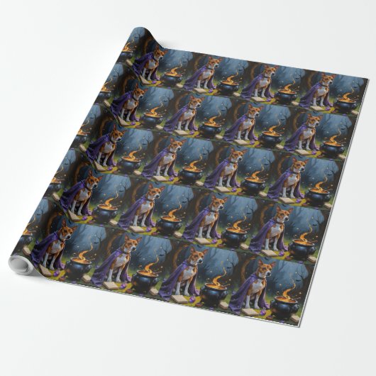 Schetterende Basenji-hond Halloween-schildering Cadeaupapier (Uitgerold)