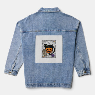 Scheur Halloween Zwarte Kat Pompoen Grafsteen Kete Denim Jacket