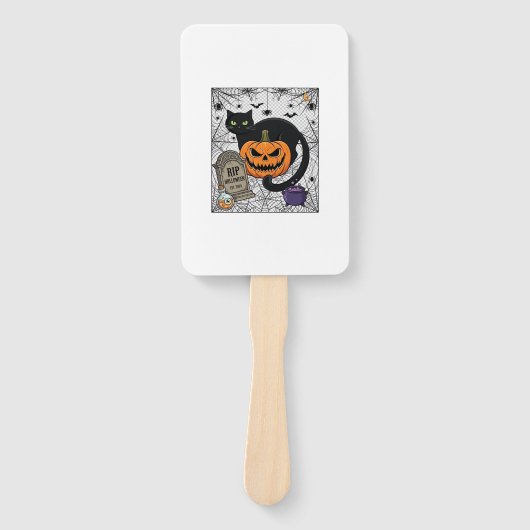 Scheur Halloween Zwarte Kat Pompoen Grafsteen Kete Handwaaier (Voorkant)