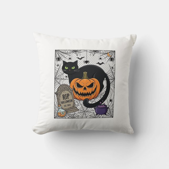 Scheur Halloween Zwarte Kat Pompoen Grafsteen Kete Kussen (Voorkant)
