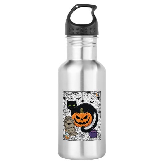 Scheur Halloween Zwarte Kat Pompoen Grafsteen Kete Waterfles (Voorkant)